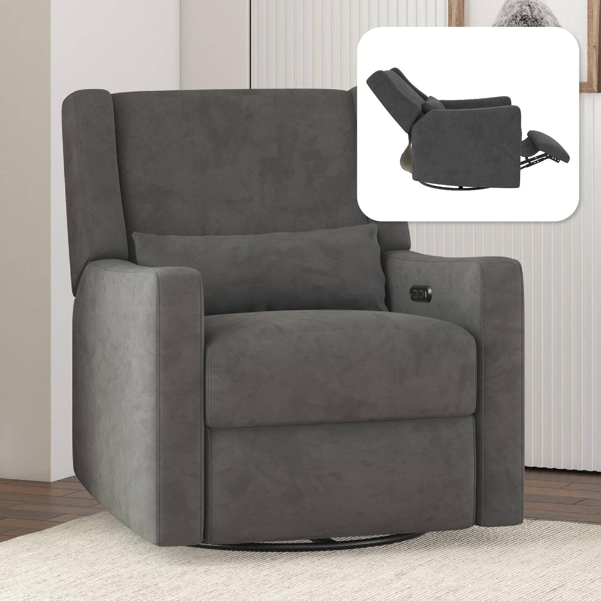 Baby Relax Otto 4-in-1 Swivel Glider Rocker Power Recliner with USB Ports. Gray Velvet