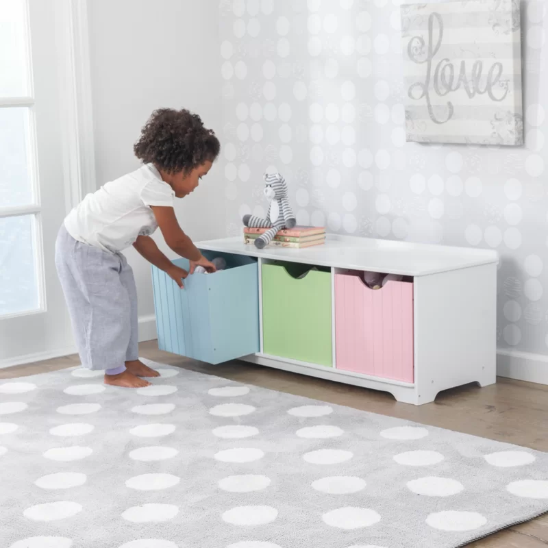 KidKraft Nantucket Wooden Storage Bench with Three Bins and Wainscoting Detail - Pastel. Gift for Ages 3+