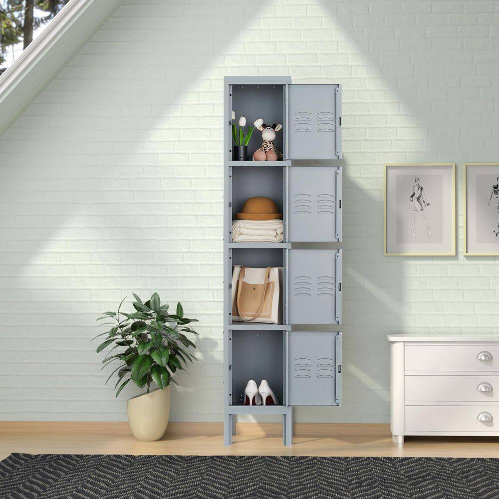 Mlezan DBDG2022103G 4-Tier Metal Locker 4 Doors Storage Shelves Locker 12 in. D x 12 in. W x 66 in. H in Gray for Employees Workers Students