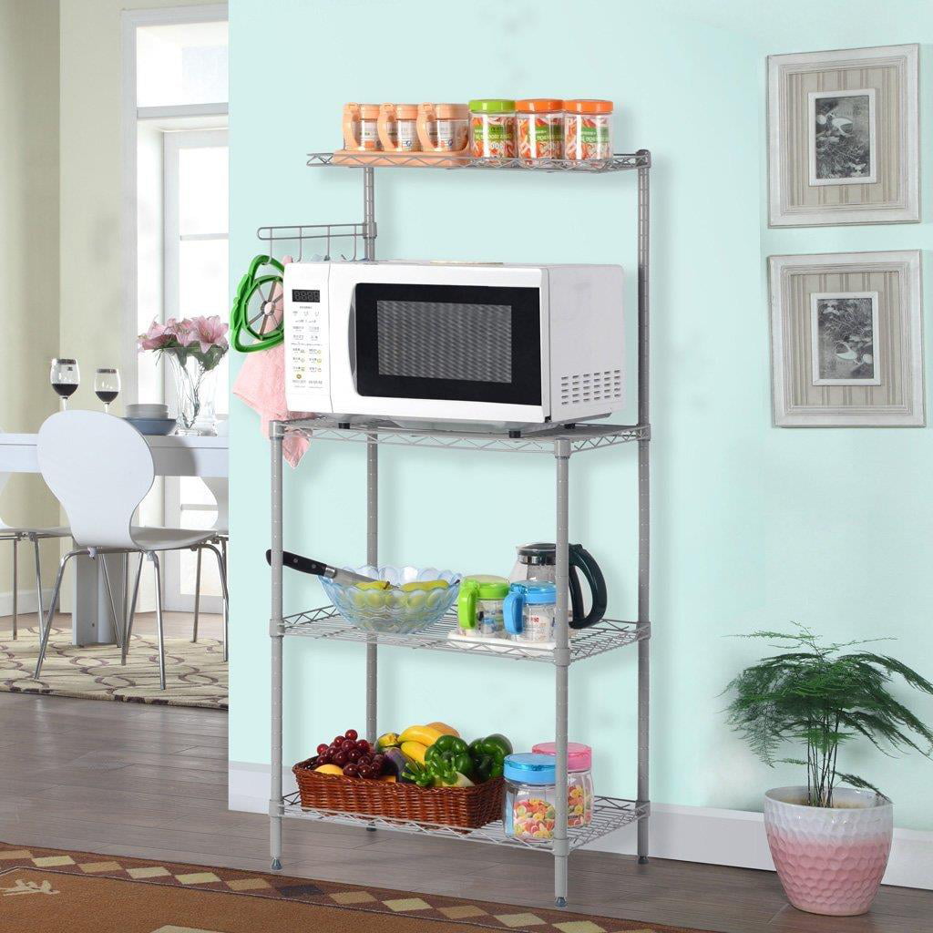 Ktaxon 4 Tier Baker-s Rack. Microwave Oven Stand. Kitchen Storage Rack. Kitchen Utility Cart Storage Shelf Organizer Workstation with Spice Rack. Hanging Hooks. Chrome. Silver