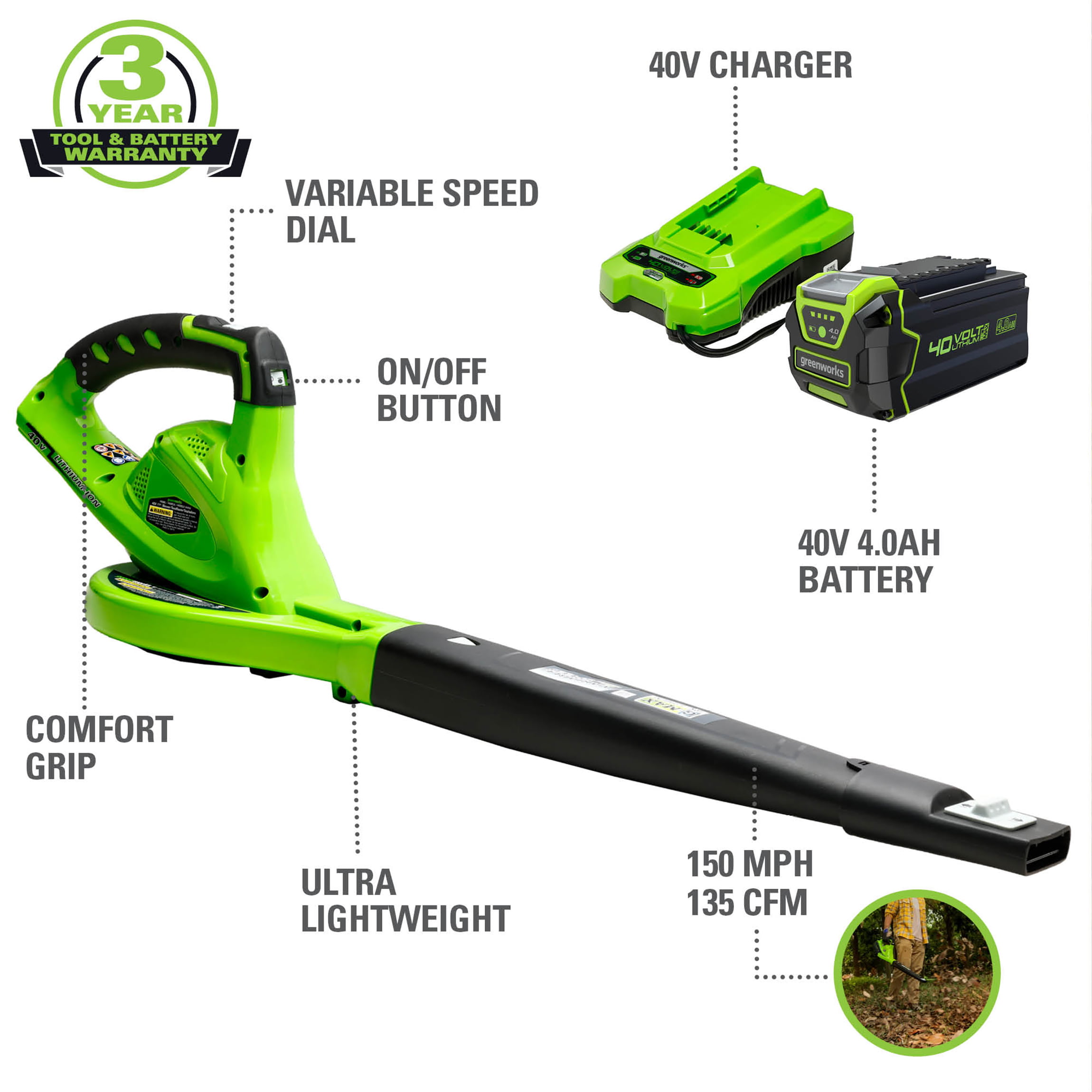 Greenworks 40V 135 CFM Cordless Leaf Blower/Sweeper w/4.0 Ah Battery. 24212