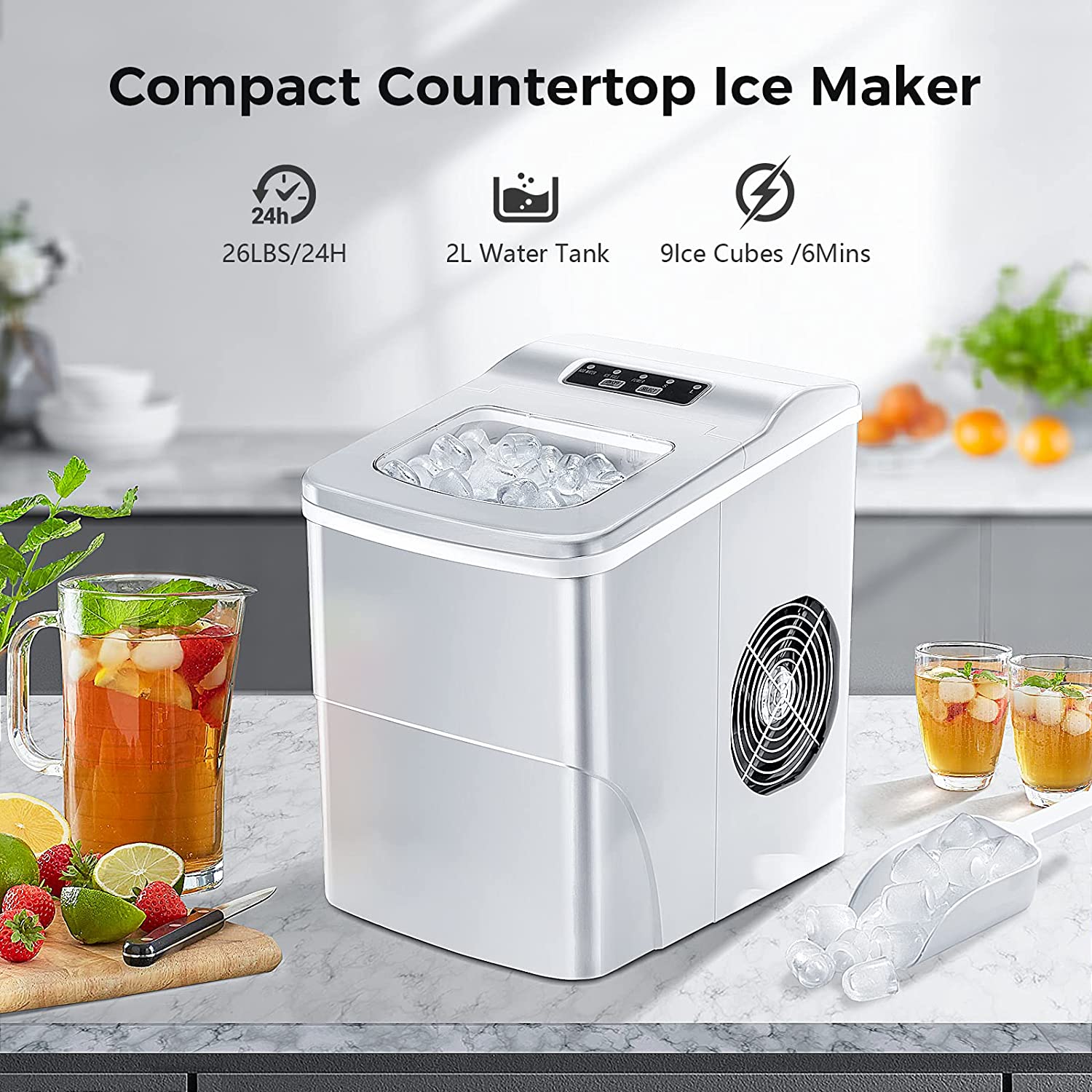 AGLUCKY Countertop Ice Maker Machine. Portable Ice Makers Countertop. Make 26 lbs ice in 24 hrs.Ice Cube Ready in 6-8 Mins with Ice Scoop and Basket (Grey)