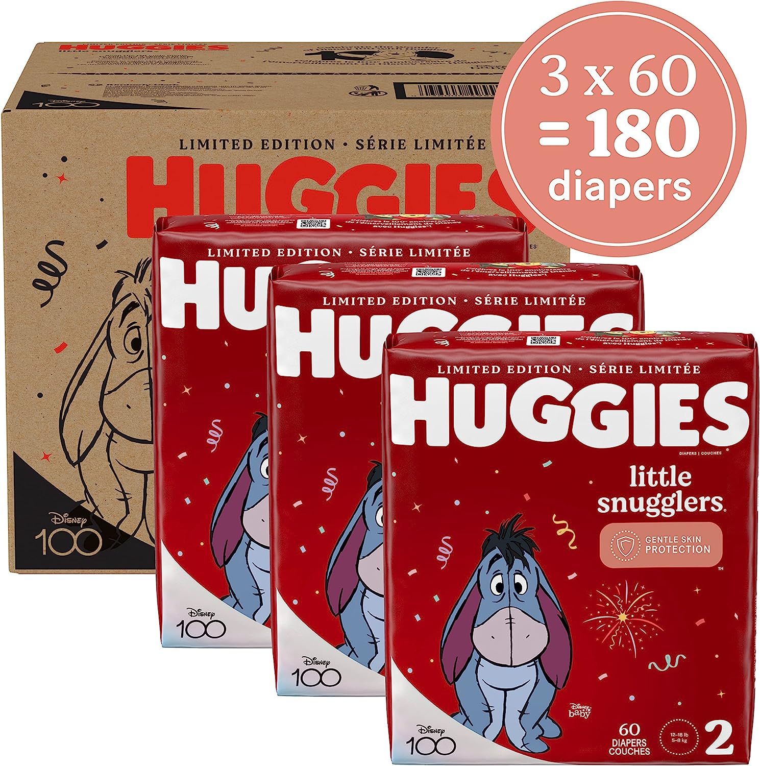 Huggies Little Snugglers Baby Diapers. Size 2 (12-18 lbs). 180 Ct