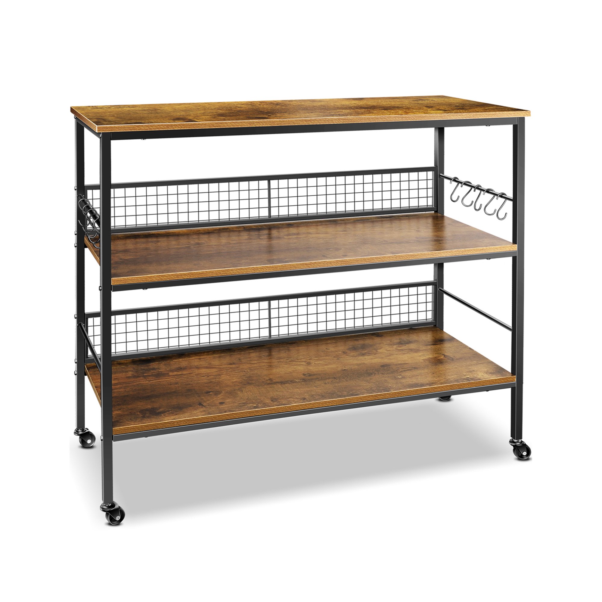 Cheflaud Rolling Kitchen Storage Cart Island with large open shelves and Large Worktop. 3-Tier Kitchen Baker's Rack with 10 Hooks. Stable Steel Structure and Easy Assembly. Rustic Brown
