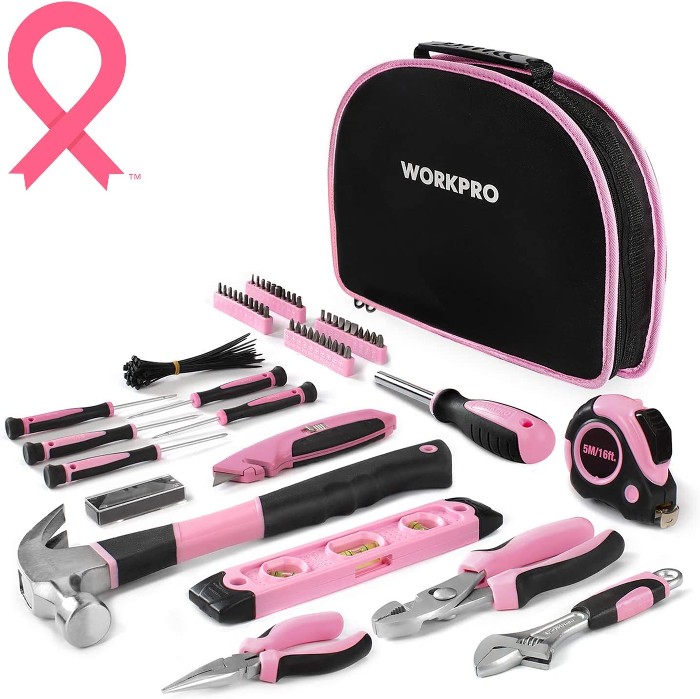 WORKPRO W009012A Pink Tool Kit - Hand Tool Set with Easy Carrying Round Pouch - Durable. Long Lasting Chrome Finish Tools - Perfect for DIY. Home Maintenance - Pink Ribbon