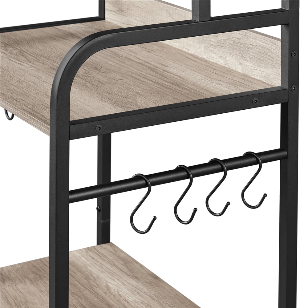 Topeakmart 4 Tiers Industrial Wooden Kitchen Baker-s Rack with 8 S-Hooks. Gray