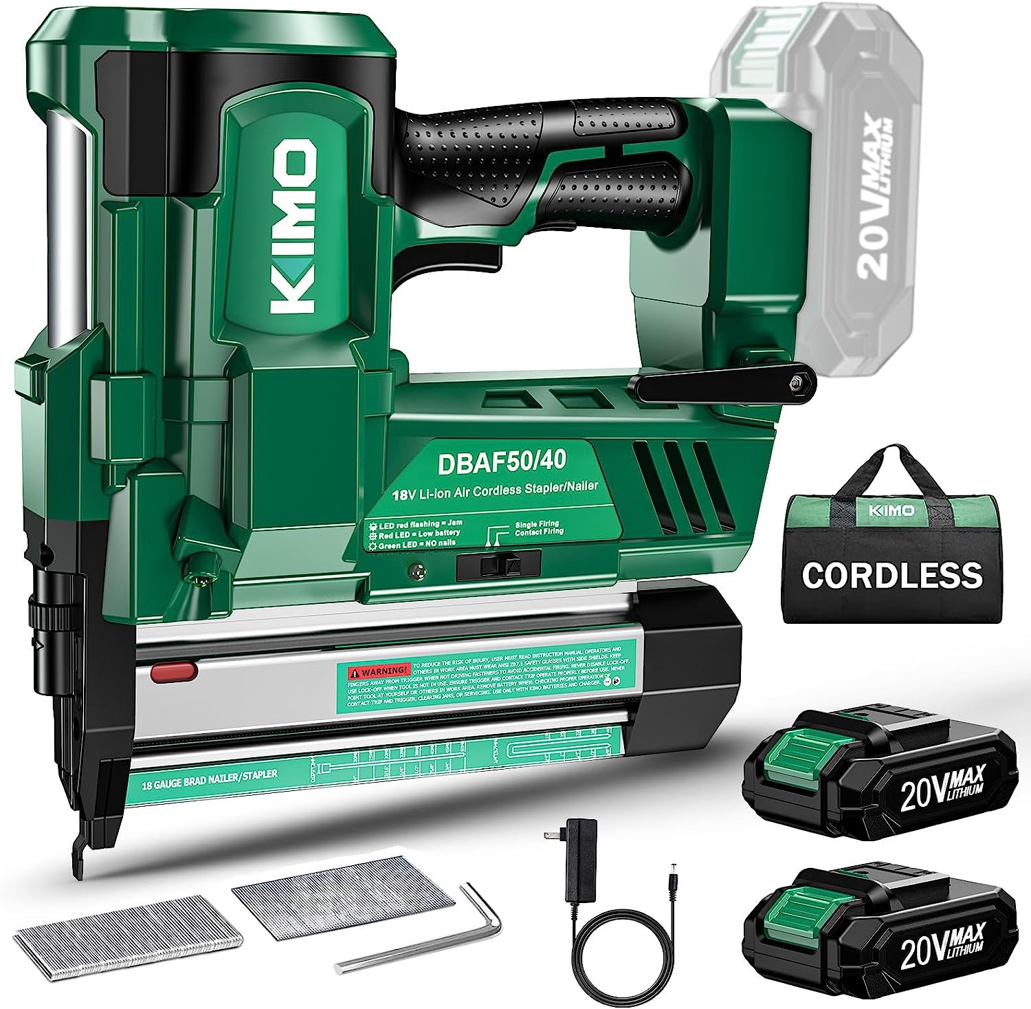 KIMO 18 Gauge Nail Gun Battery Powered w/ 2 X 2.0 Battery & Charger. 2 in 1 Cordless Brad Nailer/Electric Stapler. Adjustable Depth. 18GA Nailer/Staples for Upholstery. Home Improvement & Woodworking