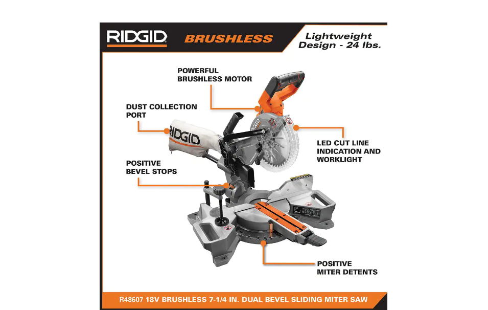 RIDGID R48607B 18V Brushless 7-1/4 in. Dual Bevel Sliding Miter Saw (Tool Only)
