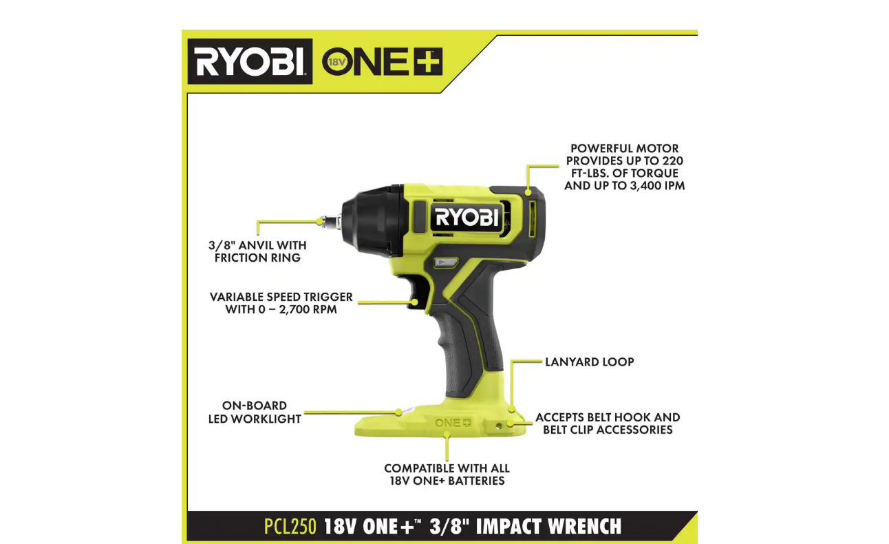RYOBI PCL250B ONE+ 18V Cordless 3/8 in. Impact Wrench (Tool Only)