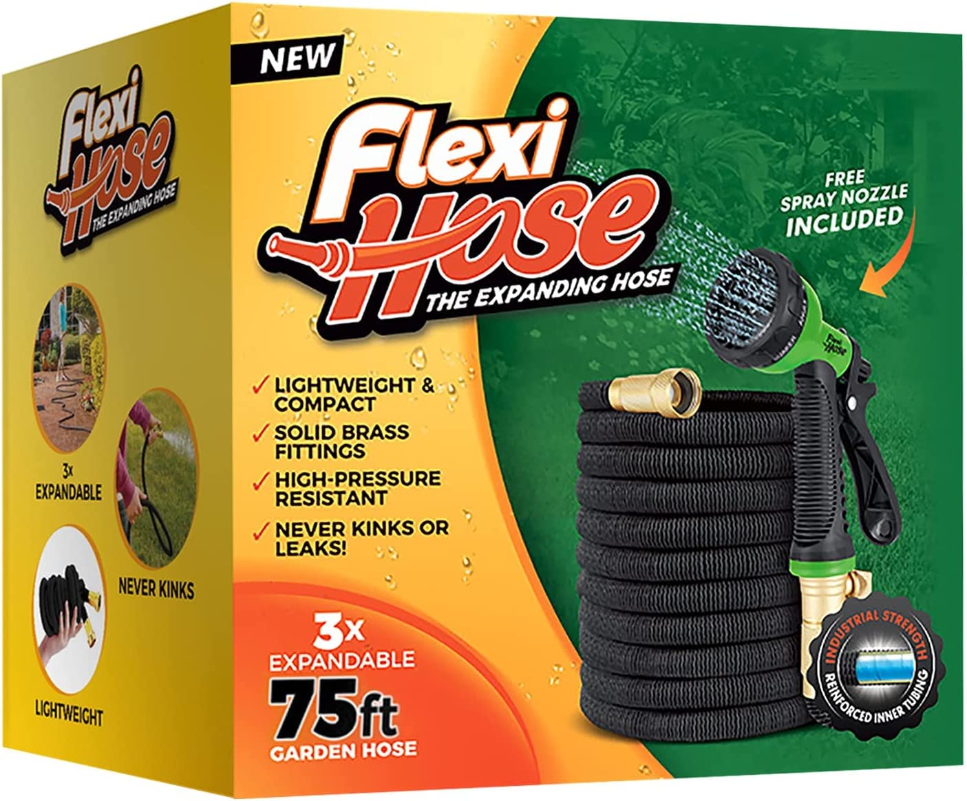 Flexi Hose with 8 Function Nozzle Expandable Garden Hose. Lightweight & No-Kink Flexible Garden Hose. 3/4 inch Solid Brass Fittings and Double Latex Core. 75 ft Black