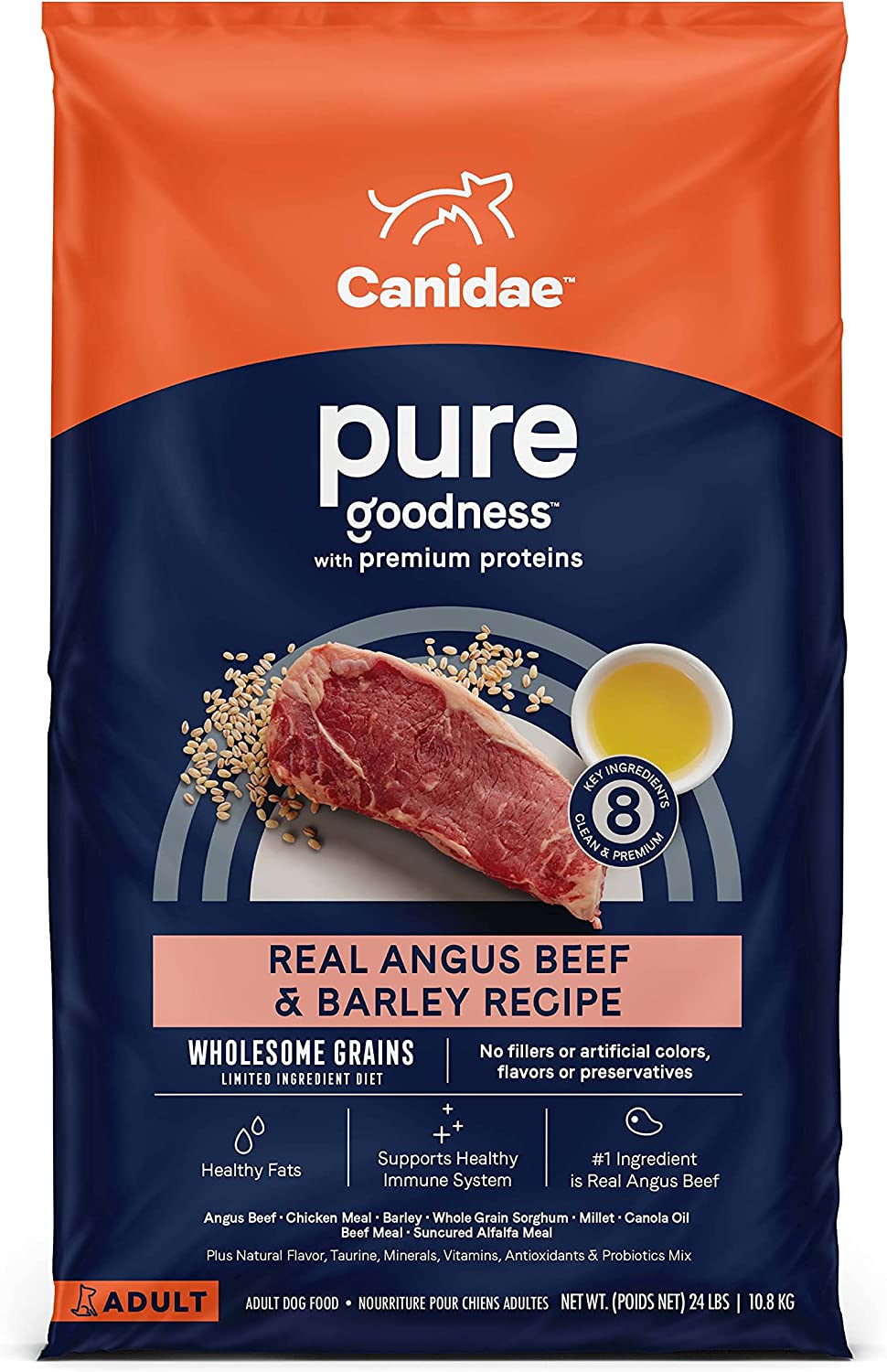 CANIDAE PURE with Wholesome Grains Real Angus Beef & Barley Recipe Adult Dry Dog Food 24 Pound (Pack of 1)
