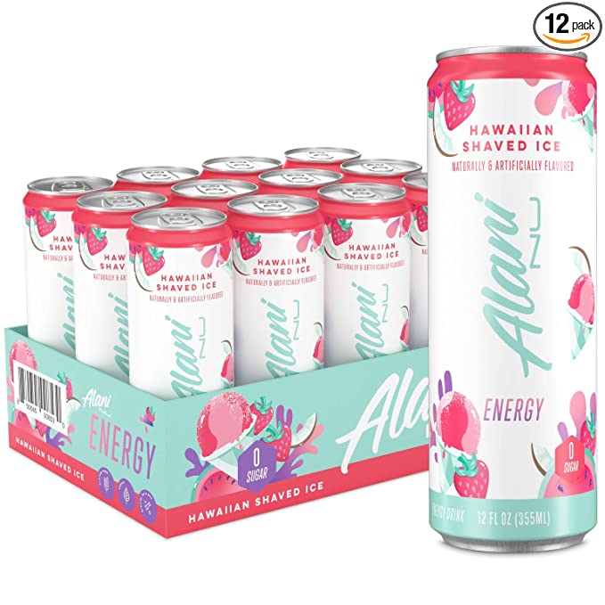 Alani Nu Sugar-Free Energy Drink. Pre-Workout Performance. Hawaiian Shaved Ice. 12 oz Cans (Pack of 12)