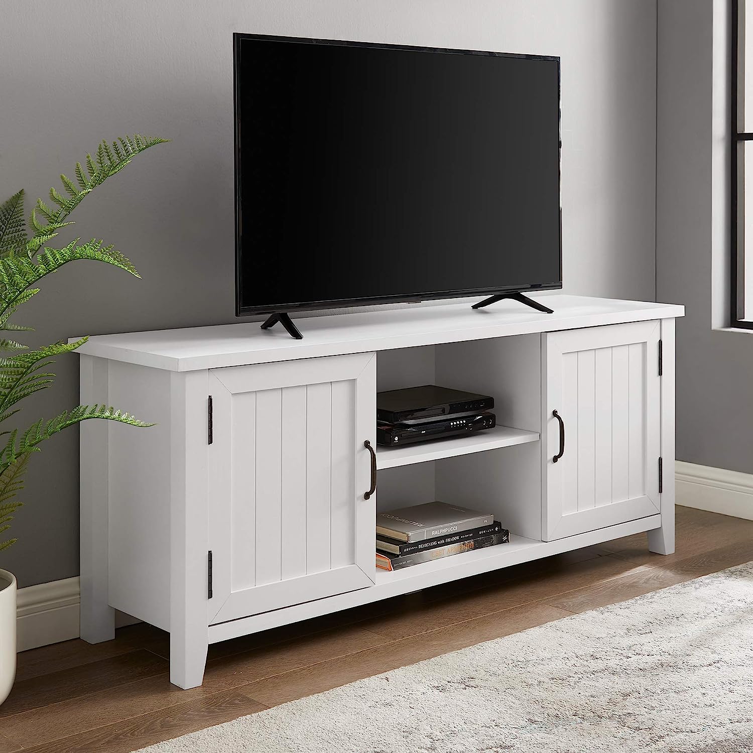 Walker Edison Buren Classic Grooved Door TV Stand for TVs up to 65 Inches. 58 Inch. Solid White
