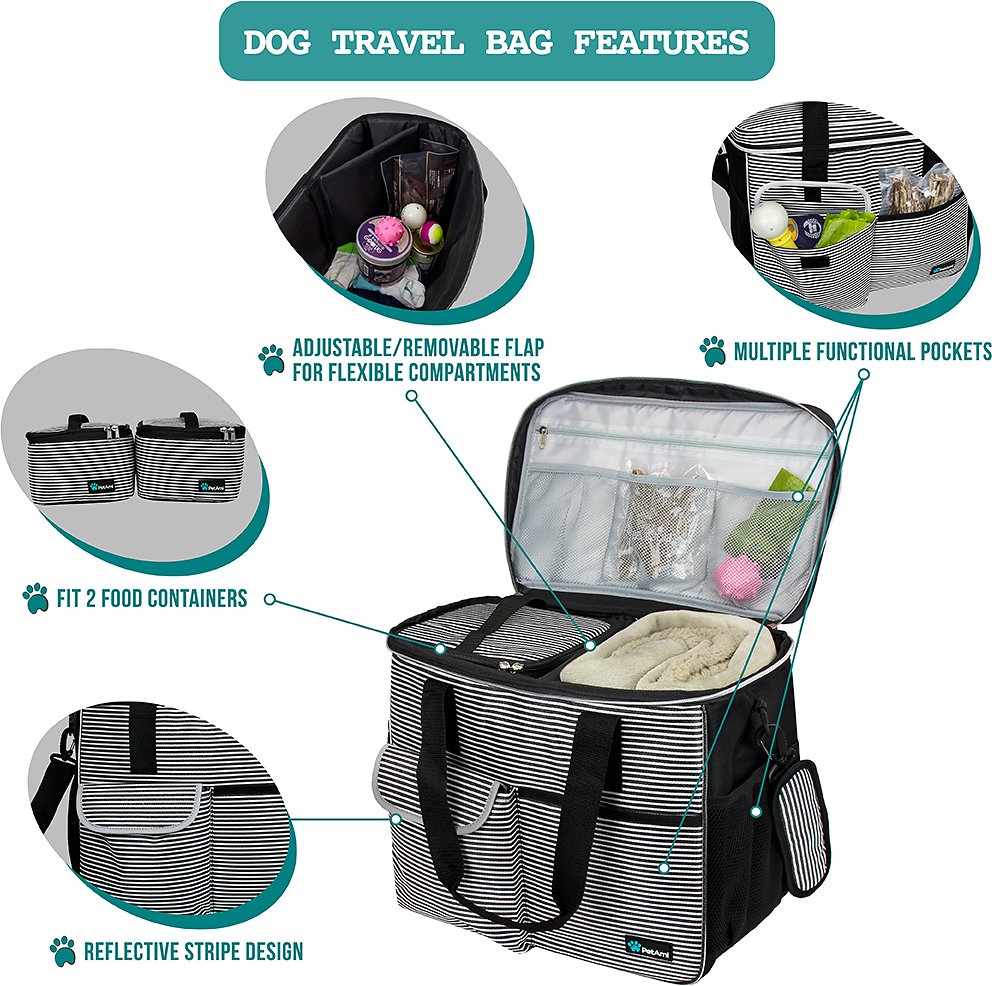 PetAmi Cat & Dog Travel Bag | Food Container Bag and Collapsible Bowl (Stripe Black. Large)
