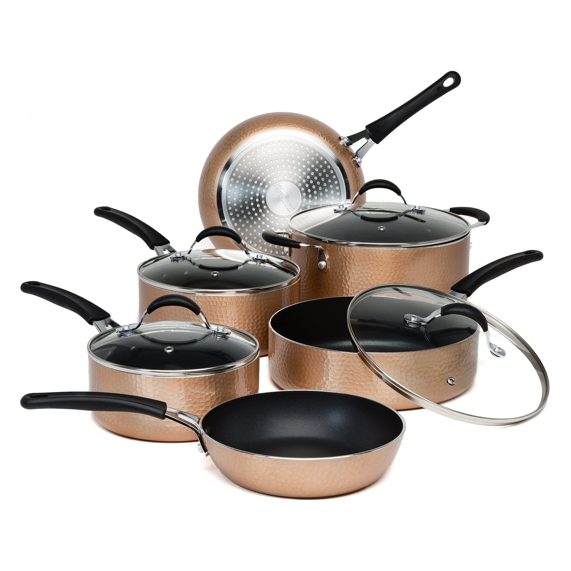 Ecolution Impressions Non-Stick Aluminum Cookware Set. Hammered Copper. 10 Piece