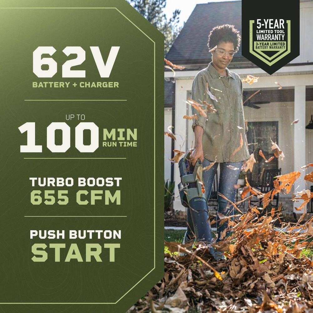Green Machine GMLB6200 62V Cordless Axial Blower Variable Speed Brushless Motor. 123 MPH Max air speed. 655 CFM. 4 Ah Battery & Rapid Charger