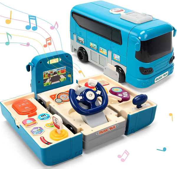 CUTE STONE Bus Car Toy. Kids Play Vehicle with Sound and Light. Steering Wheel.