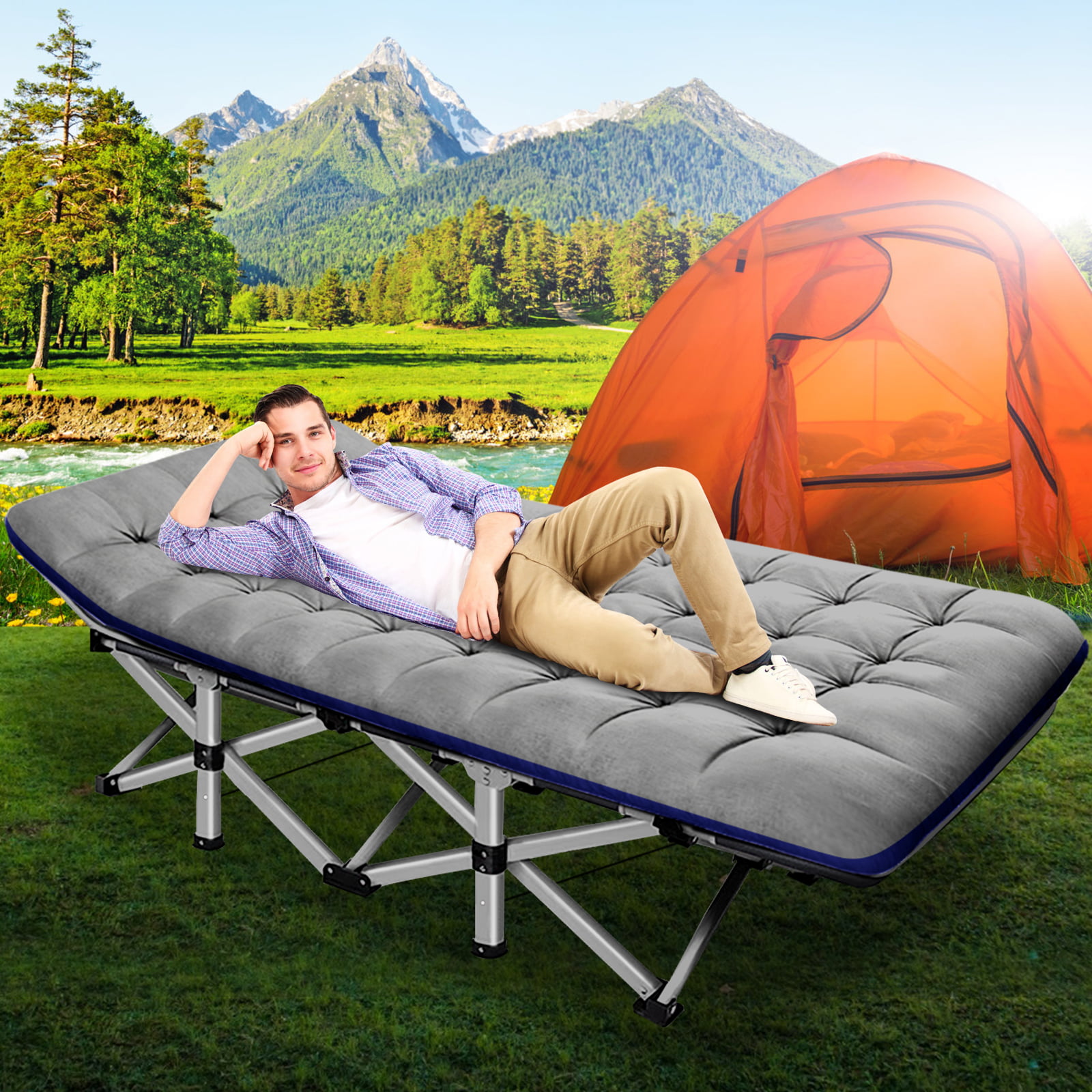 Slsy Camping Cot for Adults. Folding Cot Bed for Sleeping with 2 Sided Mattress & Carry Bag. Tent Cot. Supports 880 lbs