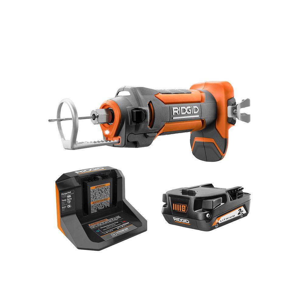 RIDGID R84730B-AC9302 18V Cordless Drywall Cut-Out Tool Kit with Drywall Bits. Collets. Belt Hook. 18V Lithium-Ion 2.0 Ah Battery. and Charger