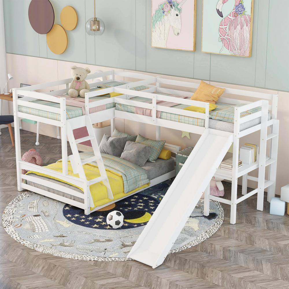 Harper & Bright Designs  L-Shaped White Twin Over Full Triple Bunk Bed with Ladder. Slide and Desk