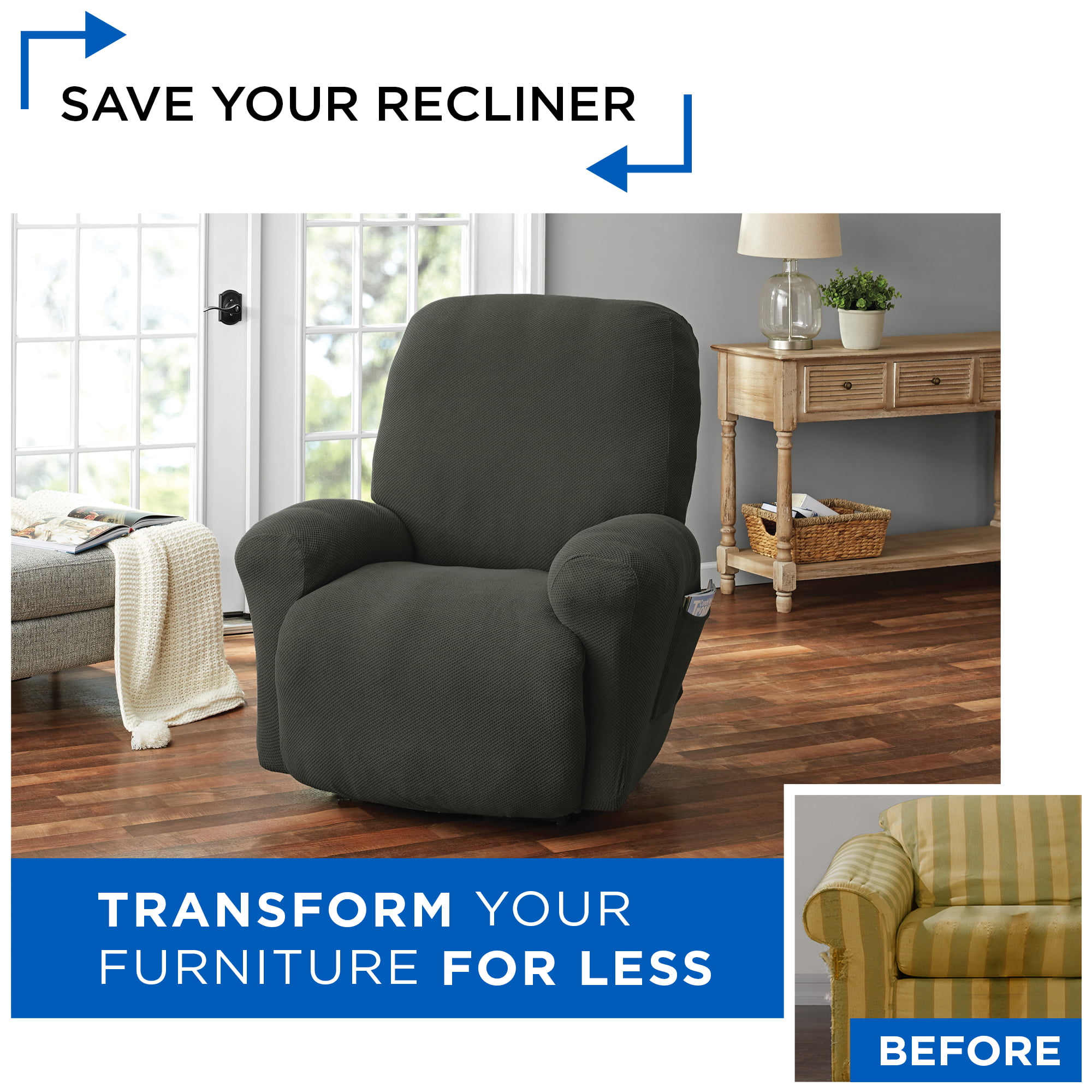 Mainstays Recliner Pixel Stretch Fabric Slipcover. Gray. 4-Piece