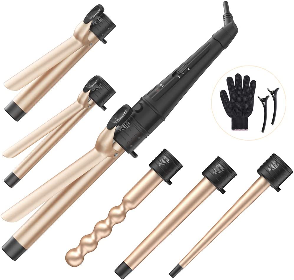 Duomishu 6 in 1 Curling Wand Set with 6 Interchangeable Ceramic Barrels with Anti-scalding Tip (0.35” to 1.25”) and Heat Resistant Glove. Hair Curler for Girls Women Gifts