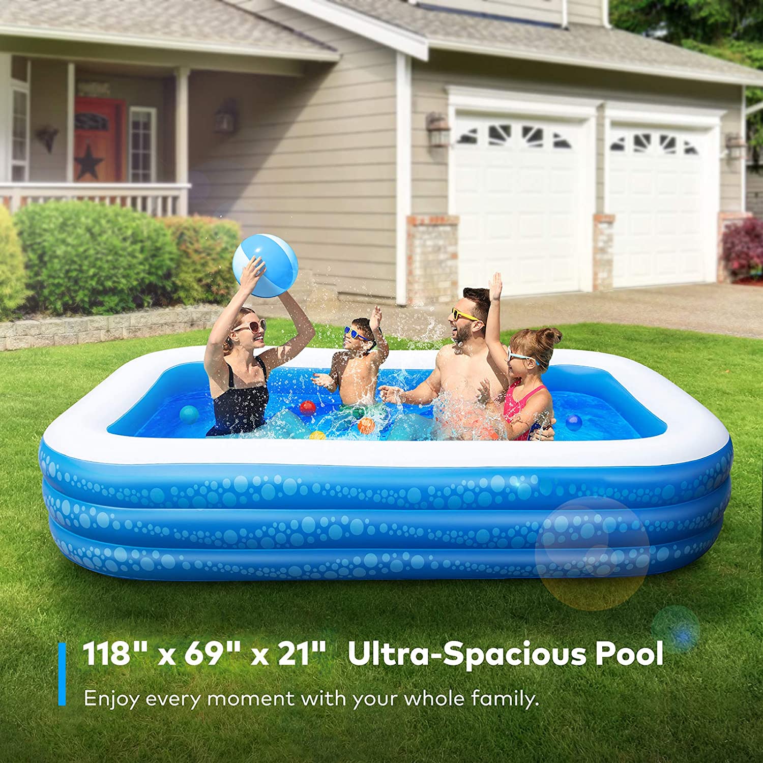 Inflatable Swimming Pool. Hesung 118″ X 69″ X 21″ Full-Sized Family Kiddie Blow up Pool for Kids. Adults. Baby. Children. Thick Wear-Resistant Big Above Ground. Garden. Backyard Water Party for Age 3+