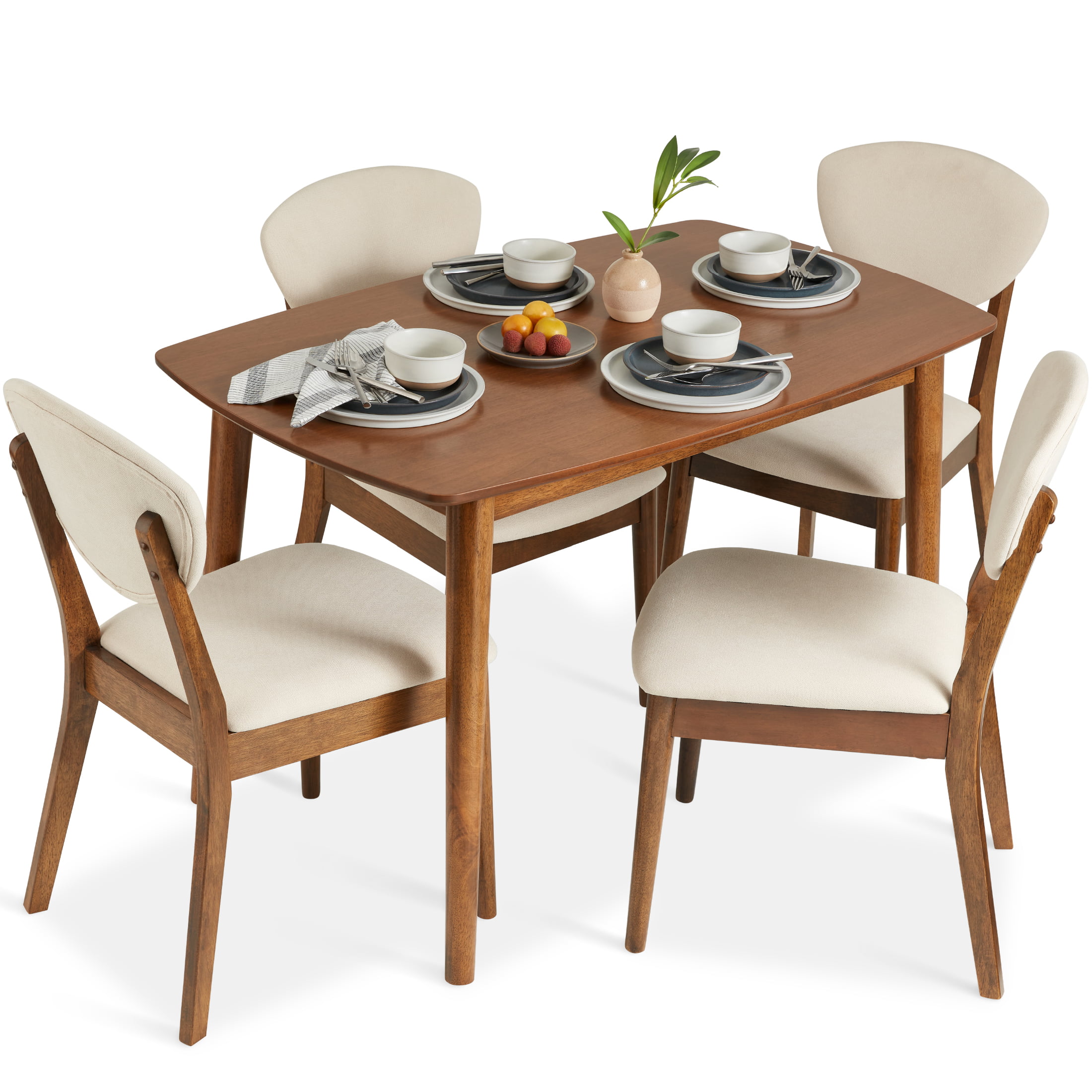 Best Choice Products 5-Piece Compact Wooden Mid-Century Modern Dining Set w/ 4 Chairs. Padded Seat & Back - Brown/White