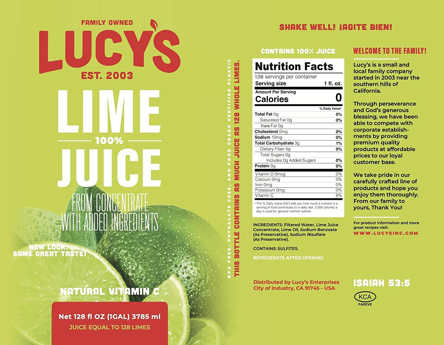 Lucy-s Family Owned - Lime Juice. 1 Gallon (128oz.)