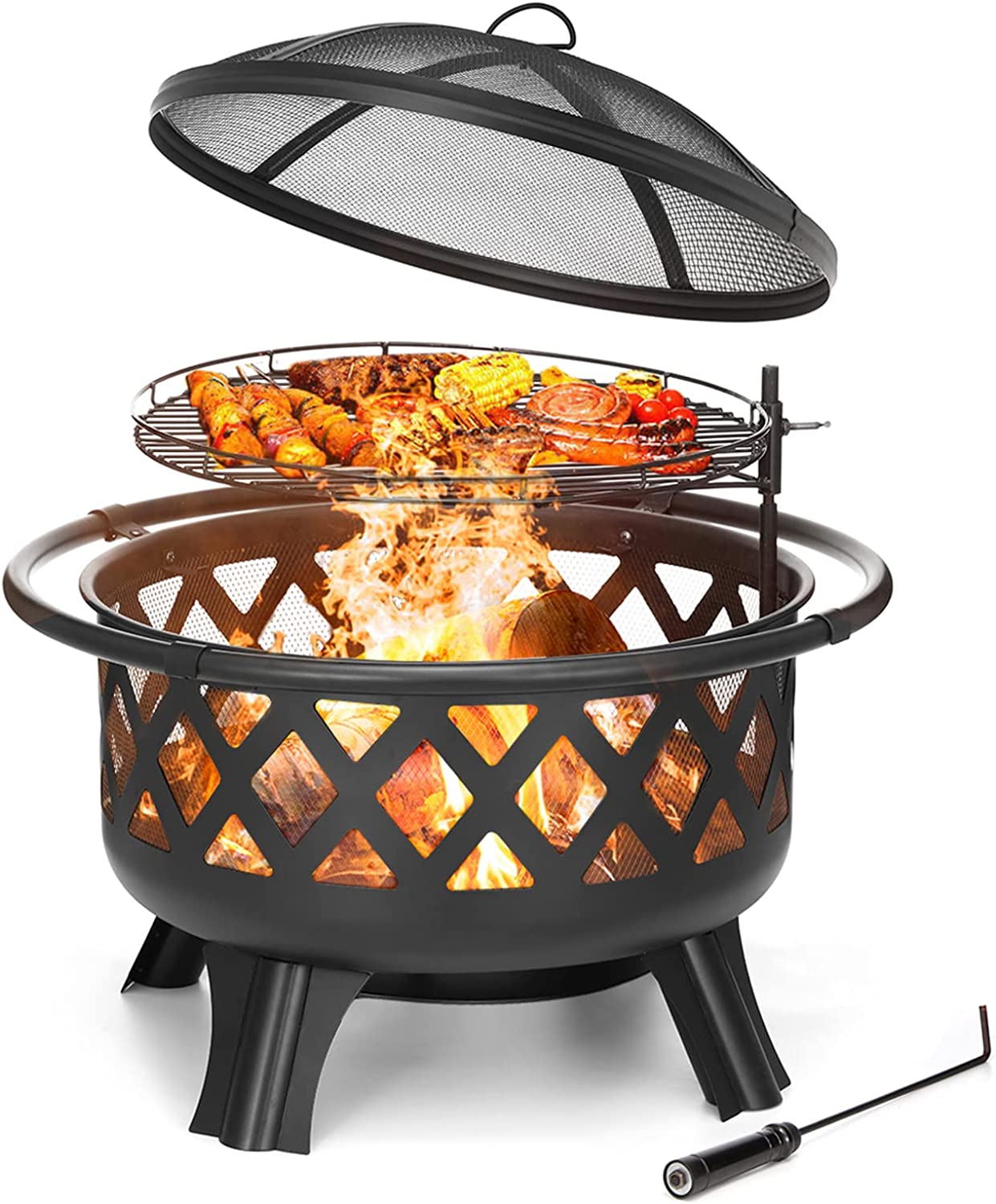 AKSG 2 in 1 Fire Pit with Cooking Grate 30” Wood Burning Firepit Outdoor Fire Pits Steel Firepit Bowl Outside with Swivel BBQ Grill. Spark Screen. Poker for Backyard Garden Bonfire Patio