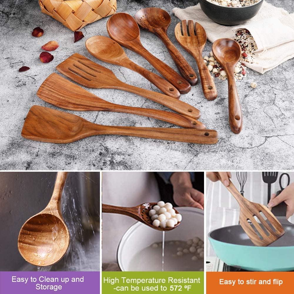 Wooden Spoons for Cooking. Nonstick Kitchen Utensil Set (Teak 8 Pack)