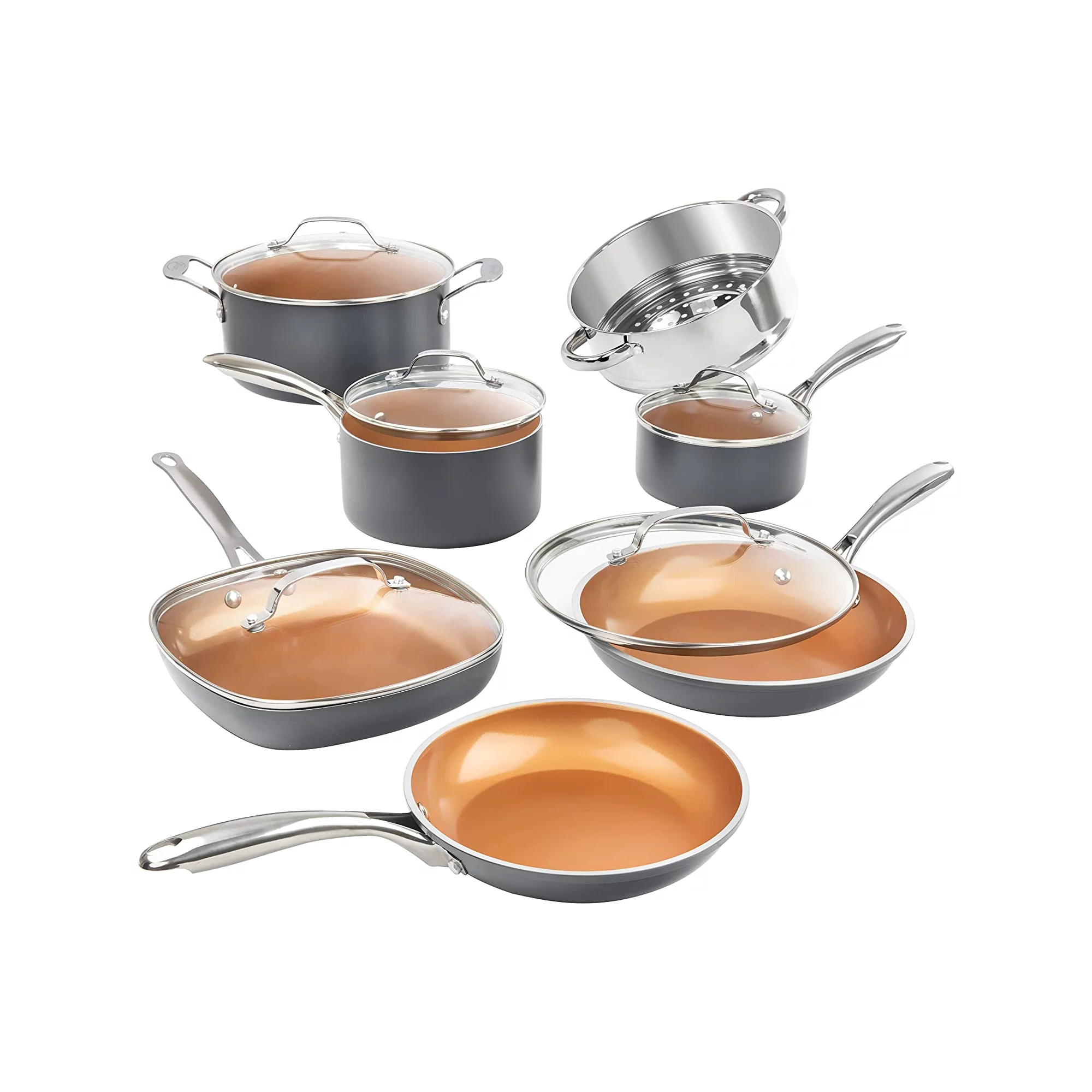 Gotham Steel Diamond 12 Piece Cookware Set. Non-Stick Copper Coating. Includes Skillets. Frying Pans and Stock Pots. Dishwasher and Oven Safe. Graphite - Gray