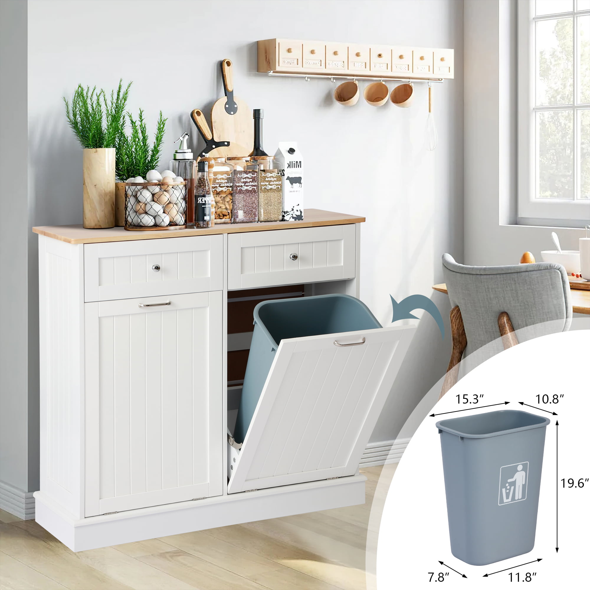 KIGOTY Dual Kitchen Trash Cabinet. Double Tilt Out Trash Can Cabinet with Countertop and Drawer. Free-Standing Pet Proof Recycling Cabinet Garbage Can Holder. Wood (White)