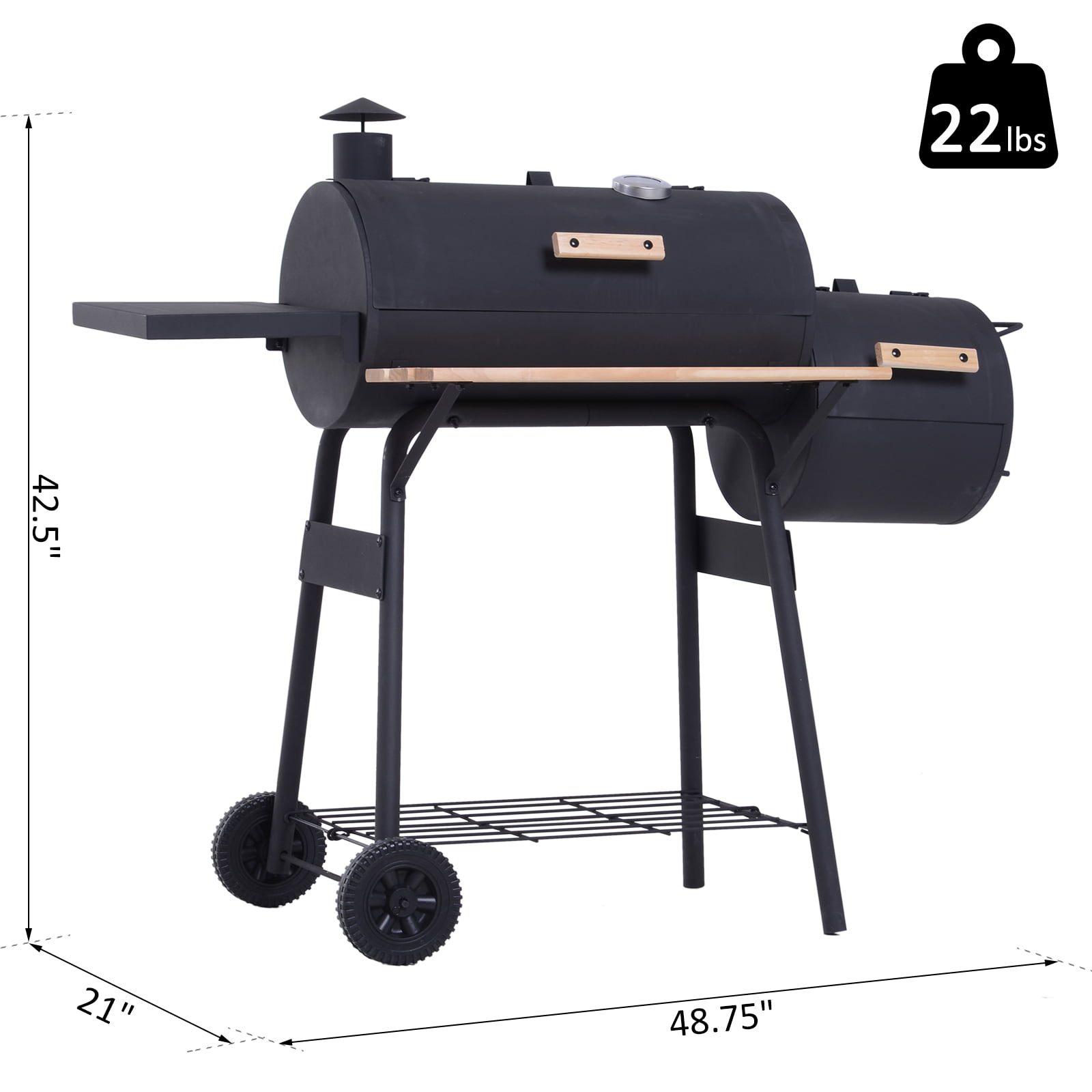 Outsunny 42.5 inch. Steel Portable Backyard Charcoal BBQ Grill and Offset Smoker Combo with Wheels