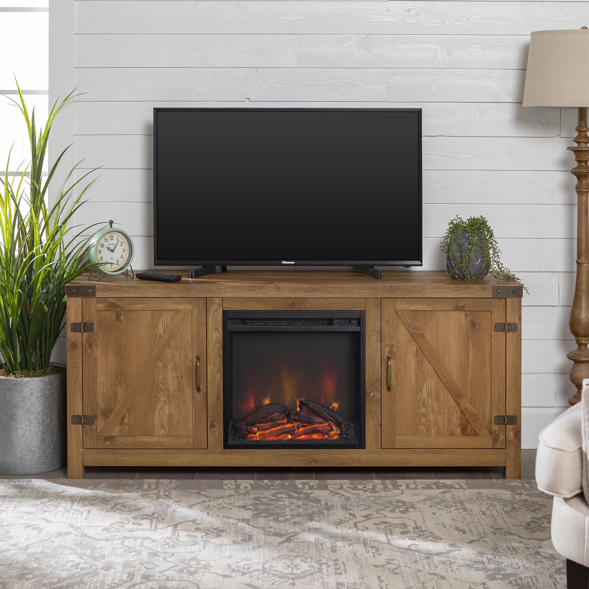 Woven Paths Modern Farmhouse Fireplace TV Stand for TVs up to 65″. Brown