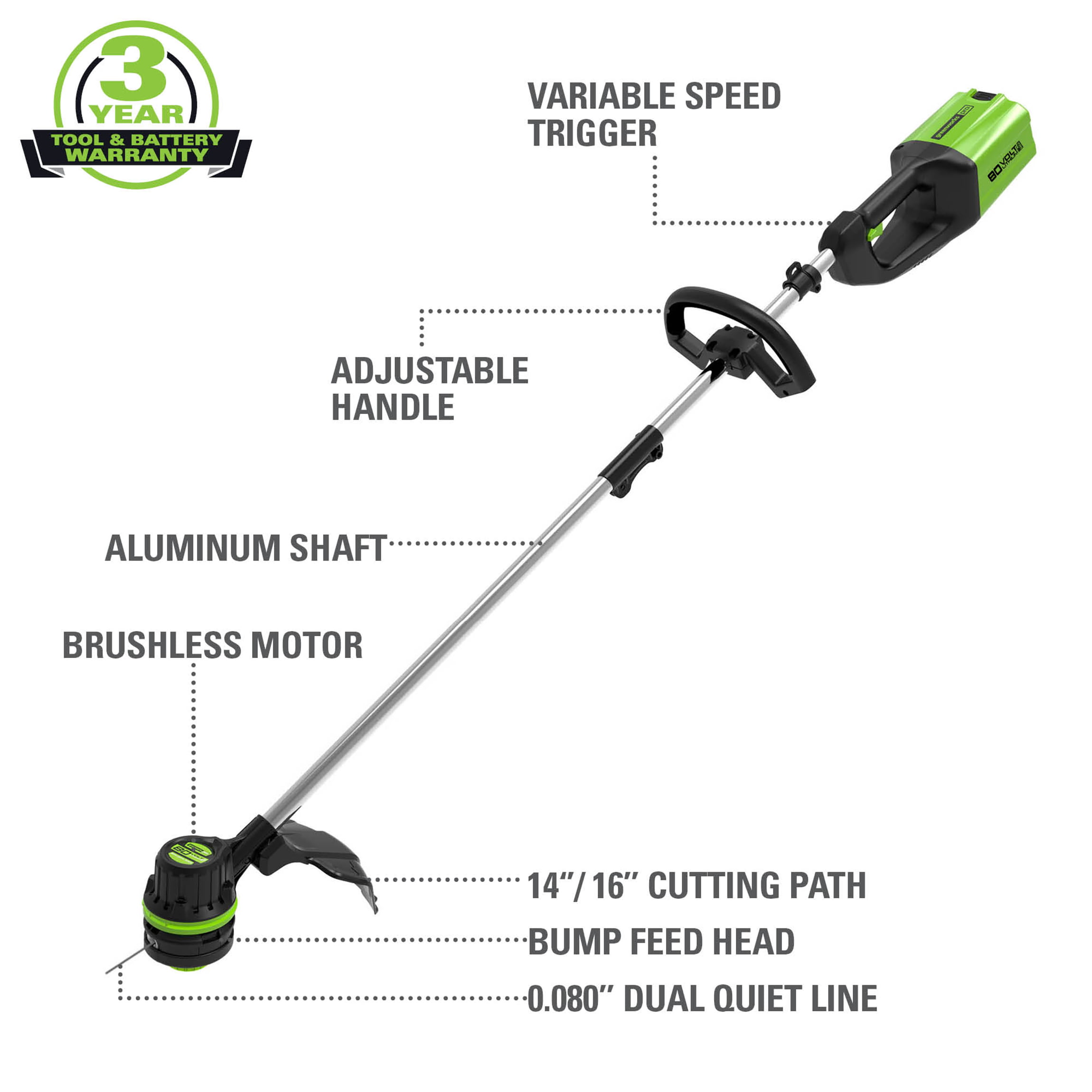 Greenworks PRO 80V 16-inch Cordless String Trimmer with 2.0 Ah Battery and Charger. 2100102