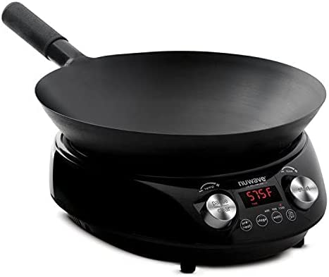Nuwave Mosaic Induction Wok. Precise Temp Controls from 100°F to 575°F in 5°F. Wok Hei. Infuse Complex Charred Aroma & Flavor. 3 Wattages 600. 900 & 1500. Authentic 14-inch Carbon Steel Wok Included