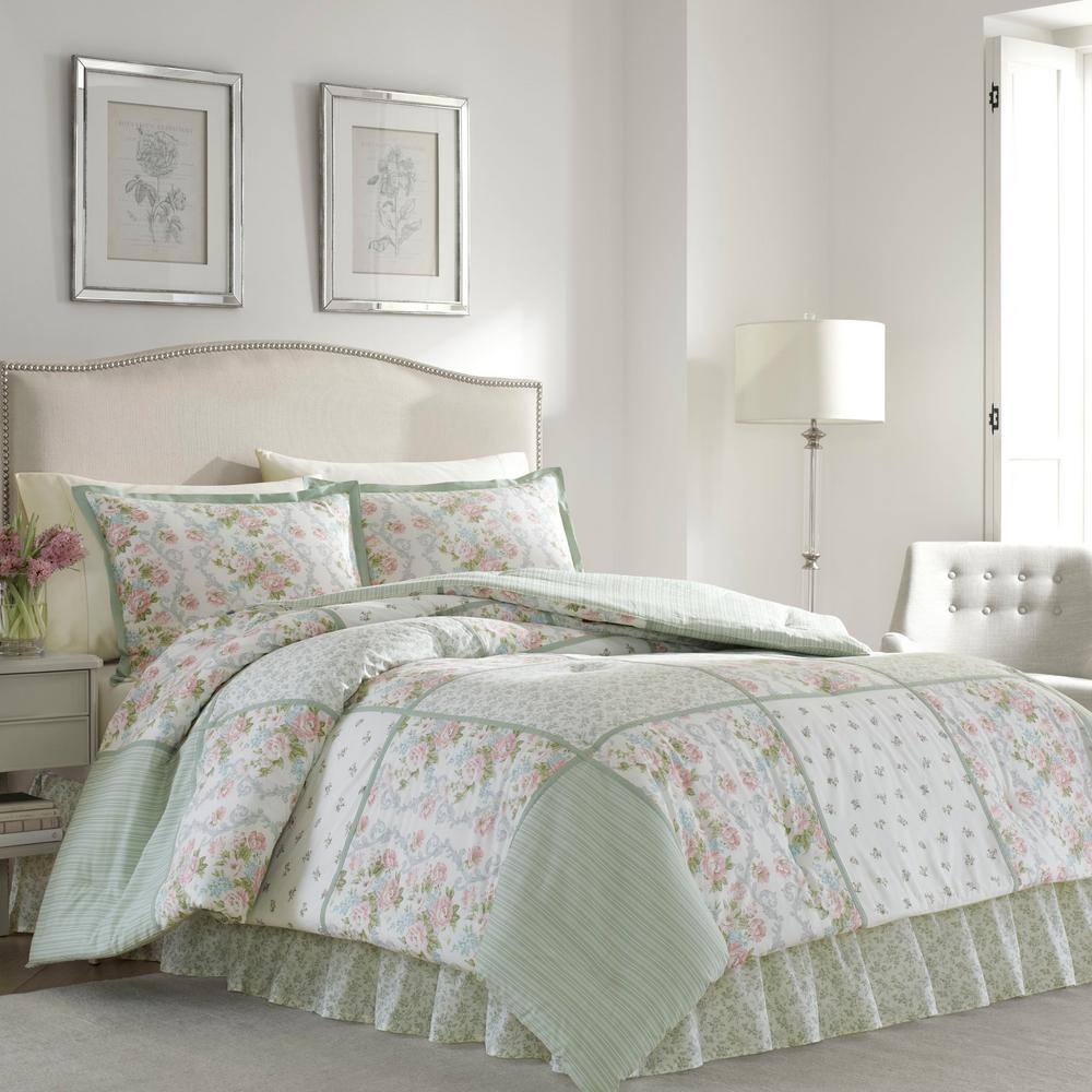 Laura Ashley  Harper 4-Piece Jade Green Floral Cotton Queen Comforter Set