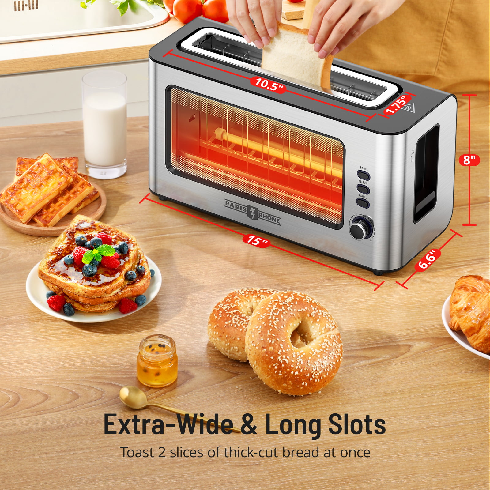Paris Rhone 2 Slice Toaster with Extra Wide Long Slots. Toast Shade Selector Stainless Steel Retro