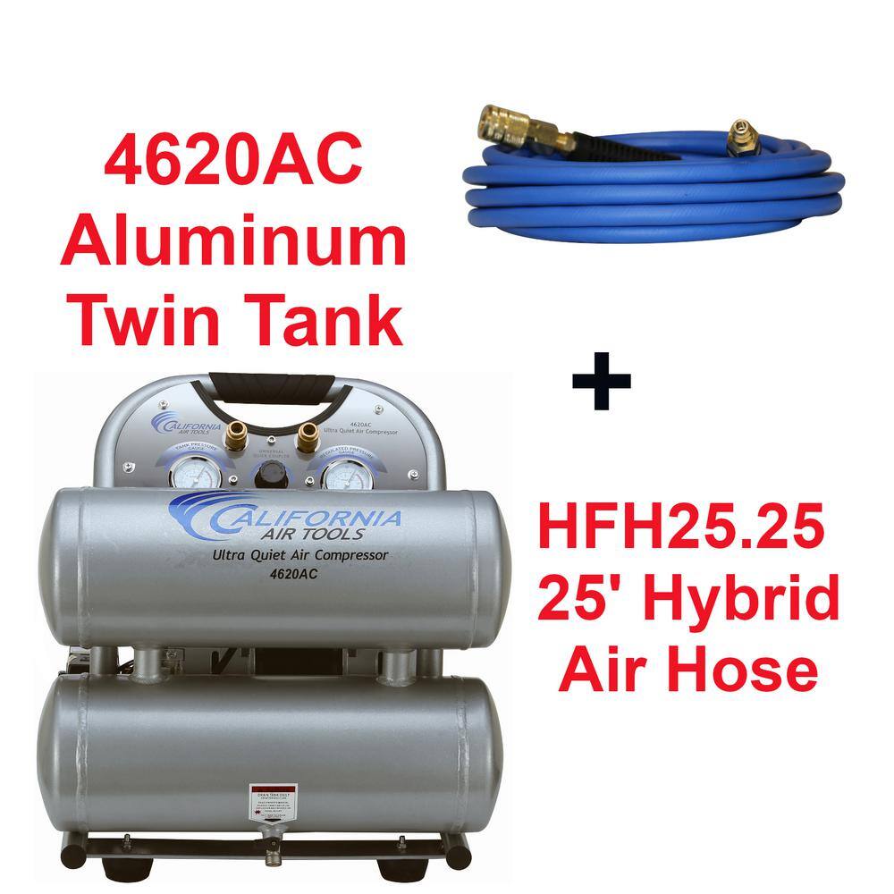 California Air Tools CAT-4620ACH UltraQuiet OilFree 4.6Gal 2Hp 125 PSI Electric Aluminum Twin Air Compressor with 25ft Industrial Quick Connect Hose