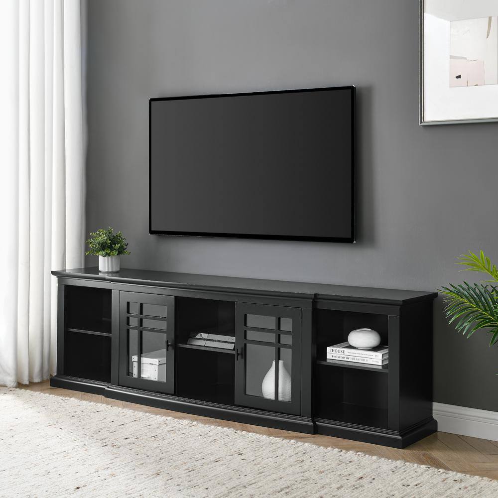Welwick Designs  80 in. Black Transitional Wood and Glass-Door TV Stand with Cable Management (Max tv size 88 in.)
