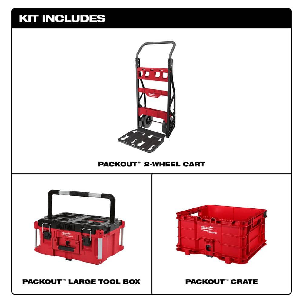Milwaukee PACKOUT 20 in. 2-Wheel Utility Cart with Large Tool Box and Crate (3-Piece) (48-22-8415-48-22-8425-48-22-8440)