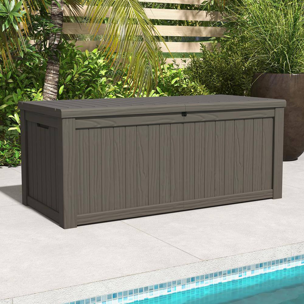 Patiowell PASB150-WGY 150 Gal. Outdoor Storage Resin Wood-Grain Deck Box in Brown. 2 Large Storage Spaces for Patio Furniture