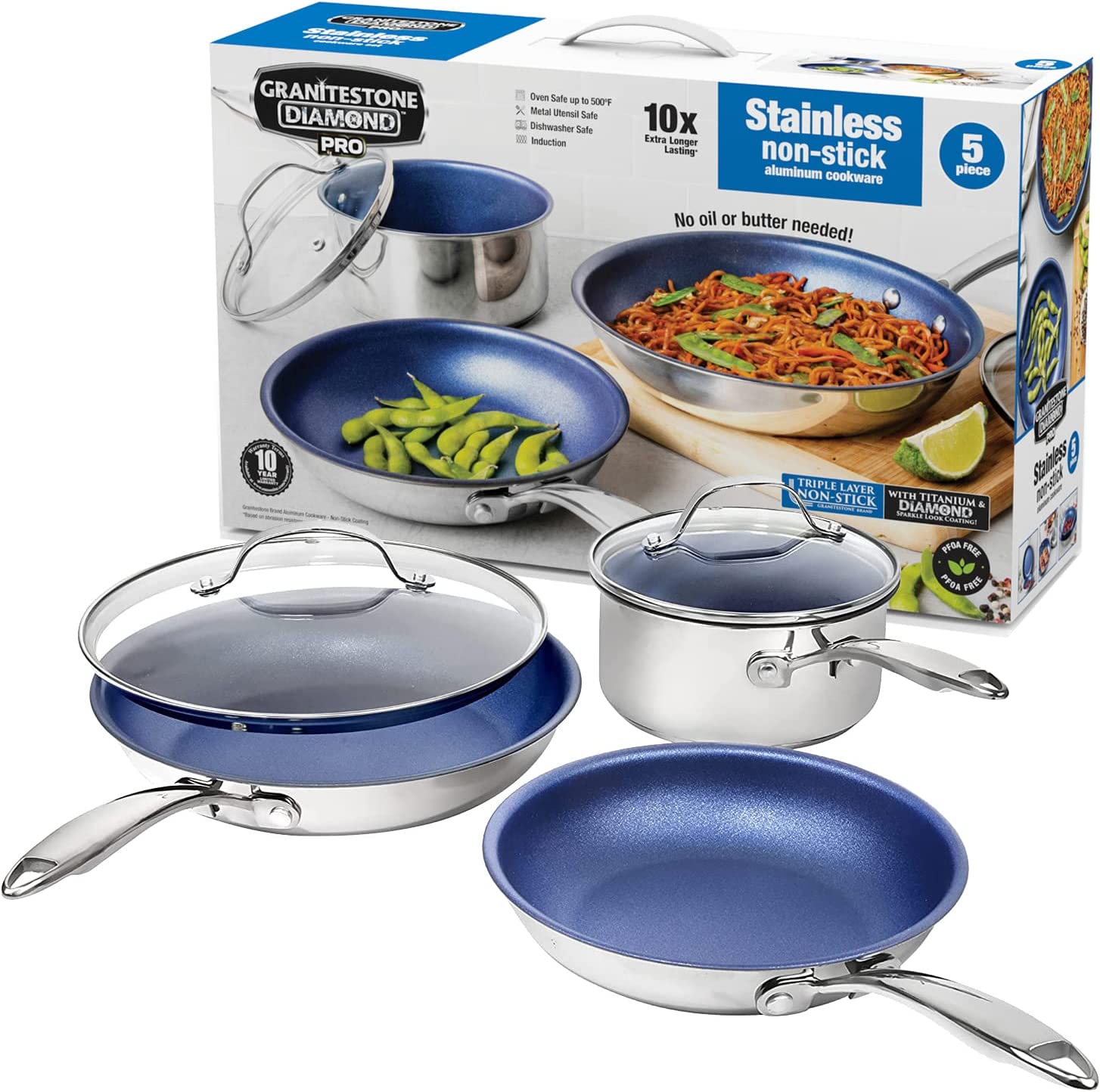 GRANITESTONE 7787 Classic Blue 5-Piece Stainless Steel Tri-Ply Nonstick Diamond Infused Coating Cookware Set