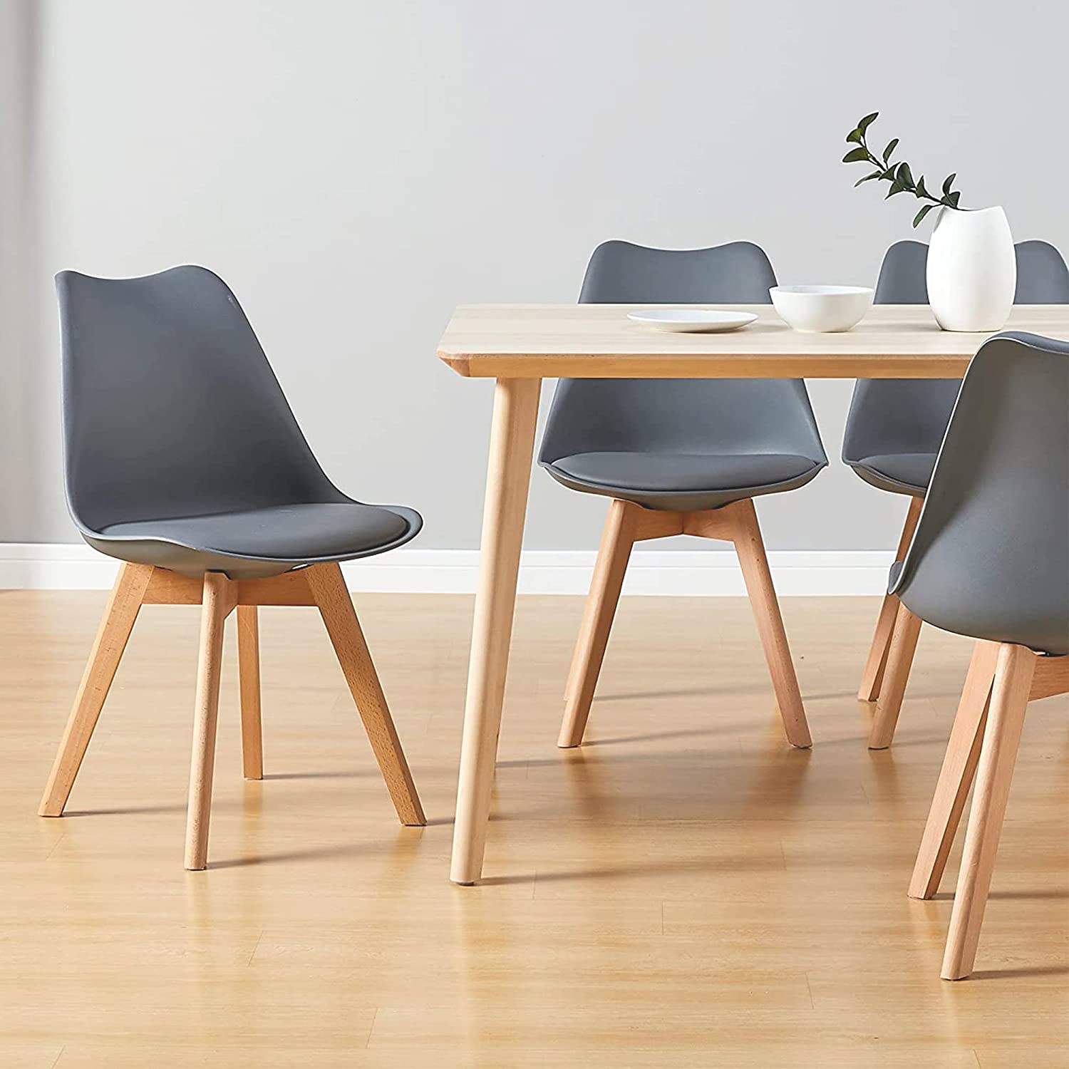 CangLong Mid Century Modern DSW Side Chair with Wood Legs for Kitchen. Living Dining Room. Set of 4. Grey