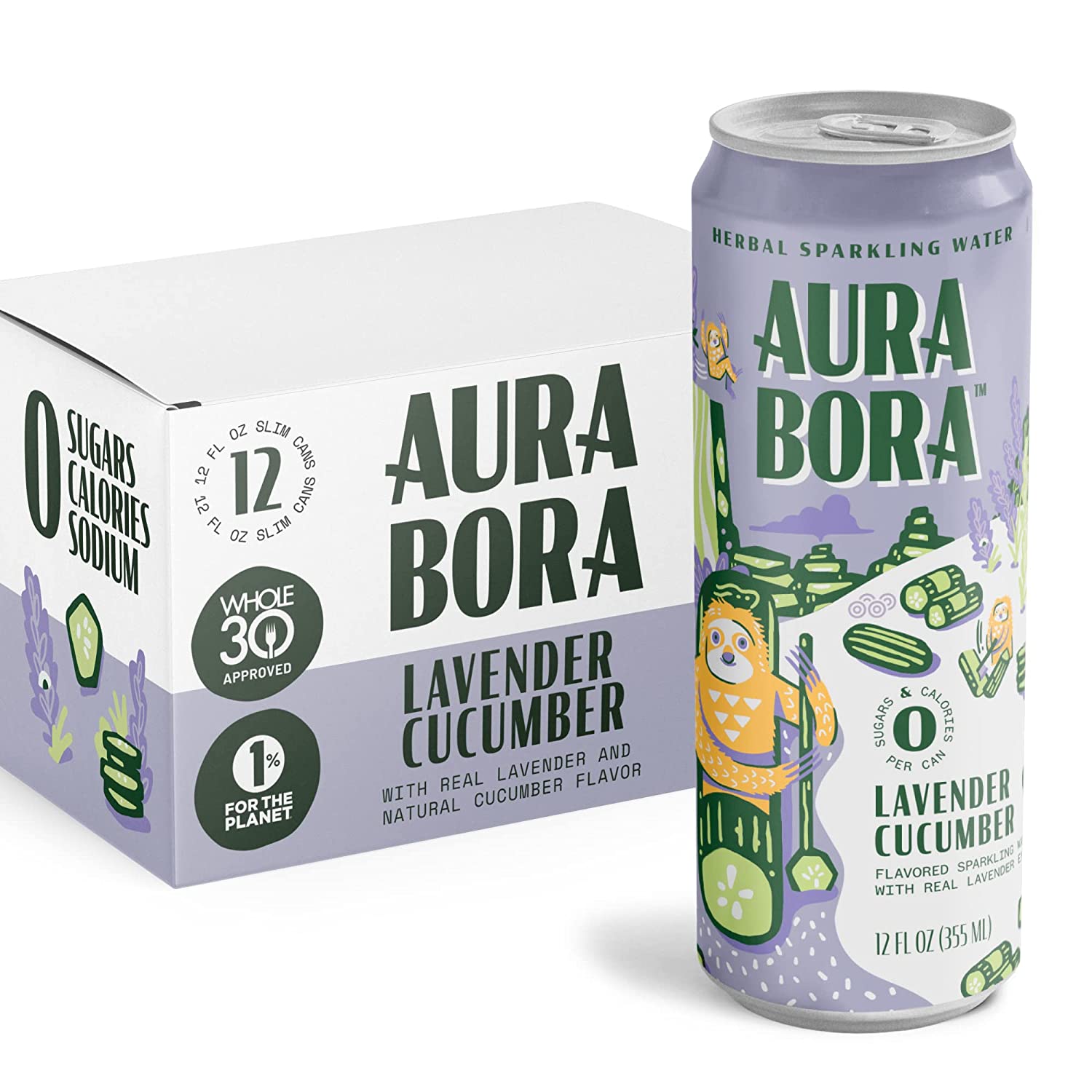 Lavender Cucumber Herbal Sparkling Water by Aura Bora 12 oz Can (Pack of 12). 0 Calories. 0 Sugar. 0 Sodium. Non-GMO