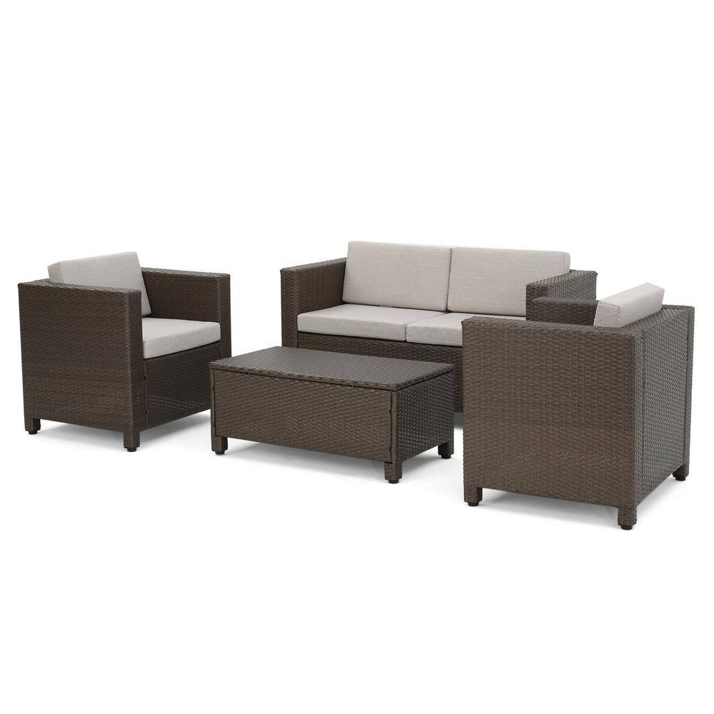 Noble House  Puerta Brown 4-Piece Plastic Patio Conversation Set with Gray Cushions