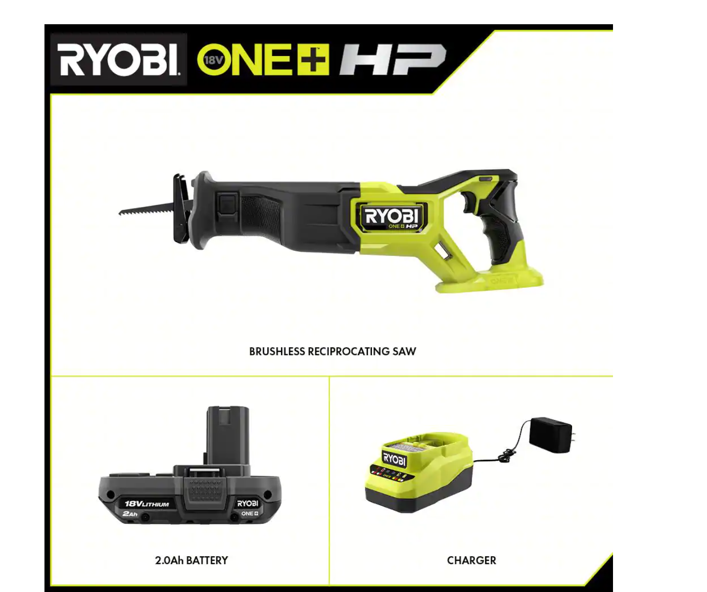 RYOBI PBLRS01B-PSK005 ONE+ HP 18V Brushless Cordless Reciprocating Saw with 2.0 Ah Battery and Charge
