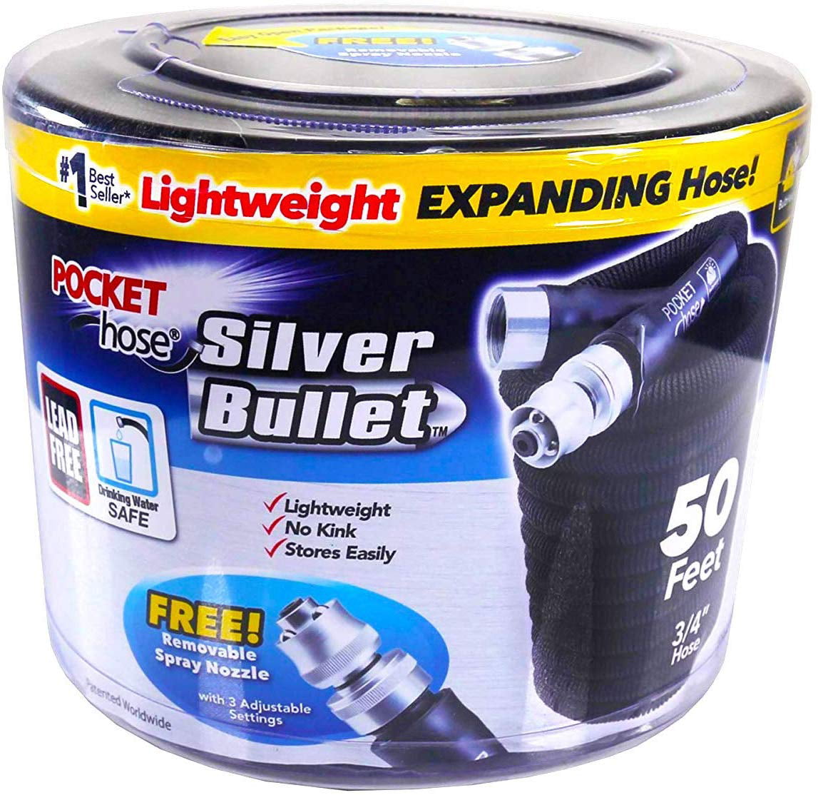 Pocket Hose Original Silver Bullet Water Hose by BulbHead - Expandable Garden Hose That Grows with Lead-Free Aluminum Connectors - Safe Drinking Water Hose (50 Feet)