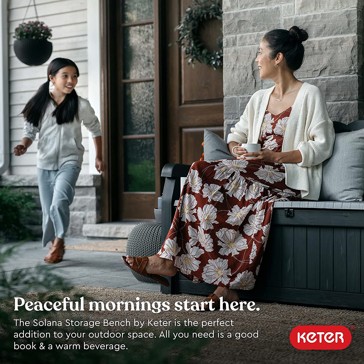 Keter Solana 70 Gallon Storage Bench Deck Box for Patio Furniture. Front Porch Decor and Outdoor Seating – Perfect to Store Garden Tools and Pool Toys. Grey